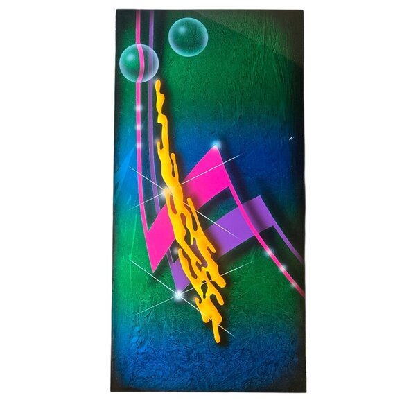 Modern Abstract Wall Art Metal 1990s Memphis Style 24 x 12 Green Blue Decor - Picture 2 of 16